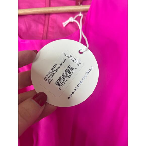 NWT Staud Calypso Cut-Out A-Line Puff Sleeve Zip Maxi Dress Bougainvillea Pink - Picture 6 of 9